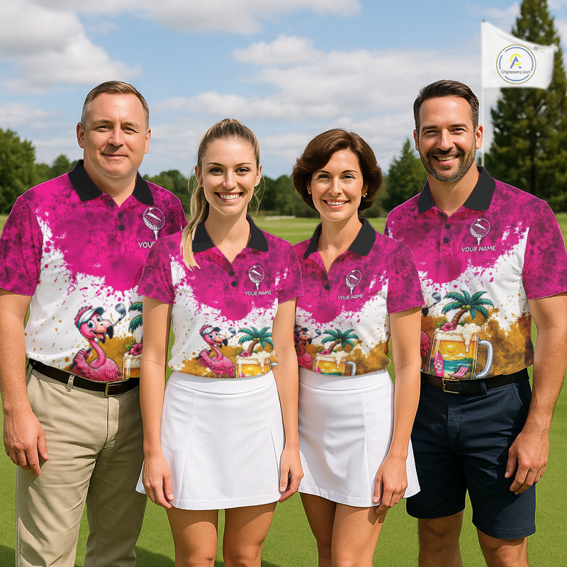 Yellow - Pink Grunge Mens Golf Polo Shirt Custom Flamingo Summer Tropical Golf Team Clothing NYN3263