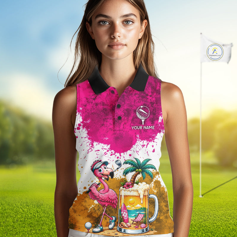 Yellow - Pink Grunge Womens Golf Sleeveless Polo Shirt Custom Flamingo Summer Tropical Golf Team Clothing NYN3263