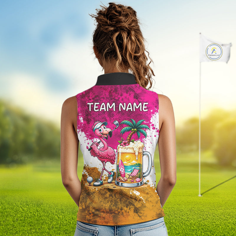 Yellow - Pink Grunge Womens Golf Sleeveless Polo Shirt Custom Flamingo Summer Tropical Golf Team Clothing NYN3263