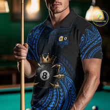 Load image into Gallery viewer, Male pool player wearing Blue Tribal Skull Crown billiard jersey during tournament and league competition
