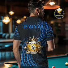 Load image into Gallery viewer, Male pool player wearing Blue Tribal Skull Crown billiard jersey during tournament and league competition