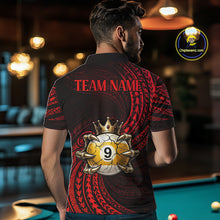 Load image into Gallery viewer, Male billiards player wearing Red Tribal Skull Crown pool jersey during professional billiard competition