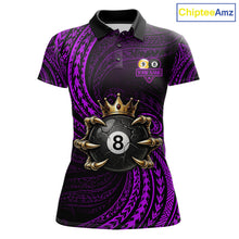 Load image into Gallery viewer, Purple Tribal Skull Crown women's billiard polo shirt custom 8 ball 9 ball team jersey, personalized pool apparel