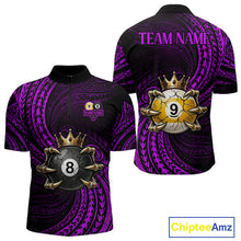 Load image into Gallery viewer, Purple Tribal Skull Crown men's quarter zip billiard shirt custom billiards team uniform, cue sports apparel