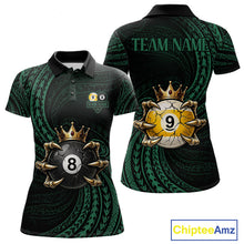 Load image into Gallery viewer, Green Tribal Skull Crown women's billiard polo shirt custom 8 ball 9 ball pool jersey, personalized billiards team apparel