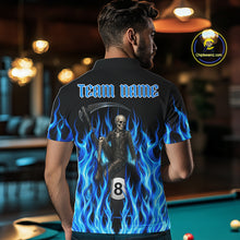 Load image into Gallery viewer, Male pool player wearing Blue Grim Reaper fire flame billiard jersey during APA league competition