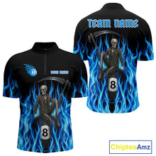 Load image into Gallery viewer, Blue Grim Reaper men's quarter zip billiard shirt custom flame pool team jersey, tournament cue sports uniform