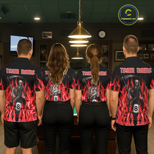 Load image into Gallery viewer, Men women billiard team wearing Red Grim Reaper custom billiard uniforms, personalized pool team jerseys