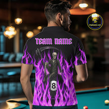 Load image into Gallery viewer, Male pool player wearing Purple Grim Reaper flame billiard jersey during APA league and BCA tournament