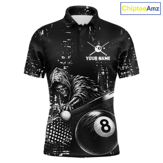 Grim Reaper Plays 8 Ball men's billiard polo shirt custom black white grunge pool jersey, personalized billiards apparel