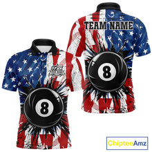 Load image into Gallery viewer, American Flag Strikes 8 Ball men's billiard polo shirt custom patriotic pool jersey, personalized USA billiards team apparel, custom pool team uniform, APA league shirt