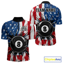 Load image into Gallery viewer, American Flag Strikes 8 Ball men's quarter zip billiard shirt custom patriotic team jersey, professional cue sports uniform, BCA tournament apparel