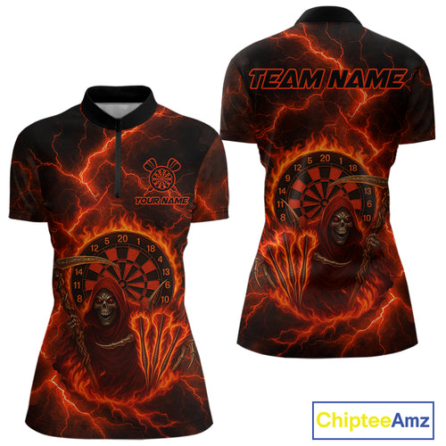 Custom Red Flames Grim Reaper Lightning Dart Women 1/4-Zip Jerseys Outfits Dart Gifts NYN1719