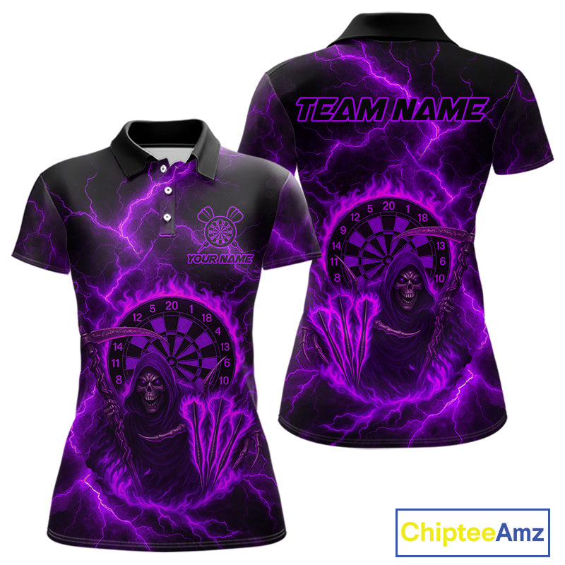 Custom Purple Flames Grim Reaper Lightning Dart Women Polo Jerseys Outfits Dart Gifts NYN1720