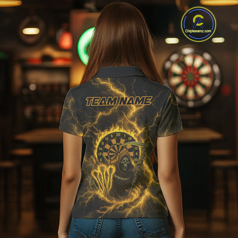 Custom Yellow Flames Grim Reaper Lightning Dart Women Polo Jerseys Outfits Dart Gifts NYN1721