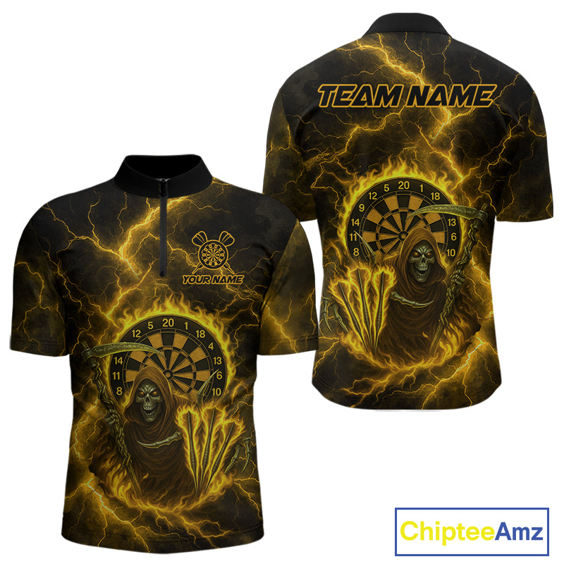 Custom Yellow Flames Grim Reaper Lightning Dart Men 1/4-Zip Jerseys Outfits Dart Gifts NYN1721