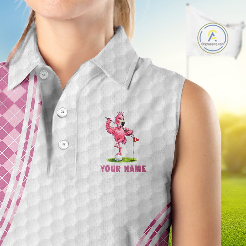 Funny Womens Golf Sleeveless Polo Shirt Custom Crown Flamingo Pink Argyle Pattern Golf Clothing Shirts NYN2876