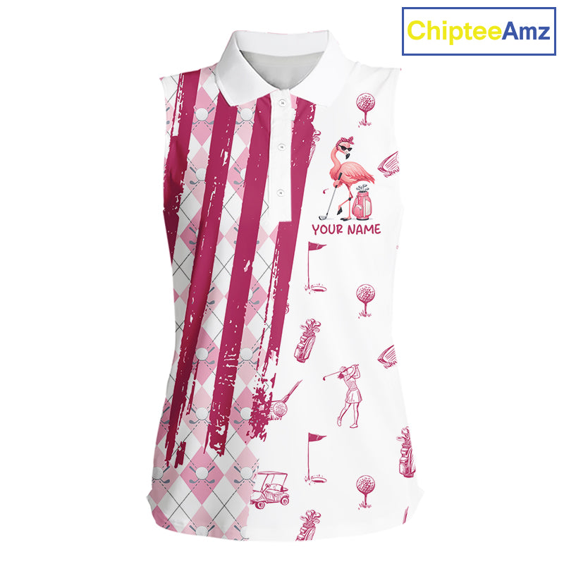 Custom Funny Flamingo Womens Golf Shirt Sleeveless Polo, Pink Paint Argyle Pattern Golf Team Outfits For Ladies NYN3095