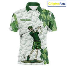 Load image into Gallery viewer, Funny Mens Golf Polo Shirt Custom Green Argyle Pattern Golf Ball Personalized Skull Golf Shirts NYN3100