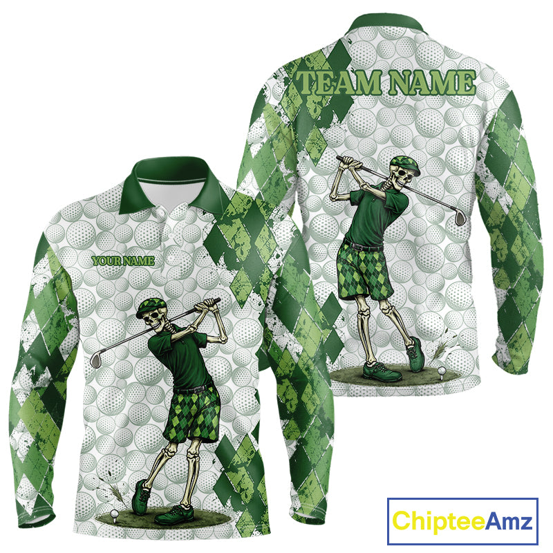 Funny Mens Golf Polo Shirt Custom Green Argyle Pattern Golf Ball Personalized Skull Golf Shirts NYN3100