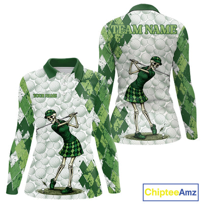 Funny Womens Golf Polo Shirt Custom Green Argyle Pattern Golf Ball Personalized Skull Golf Shirts NYN3100