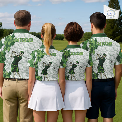 Funny Mens Golf Polo Shirt Custom Green Argyle Pattern Golf Ball Personalized Skull Golf Shirts NYN3100