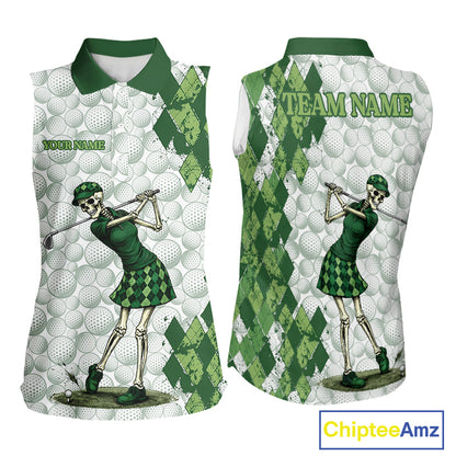 Funny Womens Golf Sleeveless Polo Shirt Custom Green Argyle Pattern Golf Ball Personalized Skull Golf Shirts NYN3100