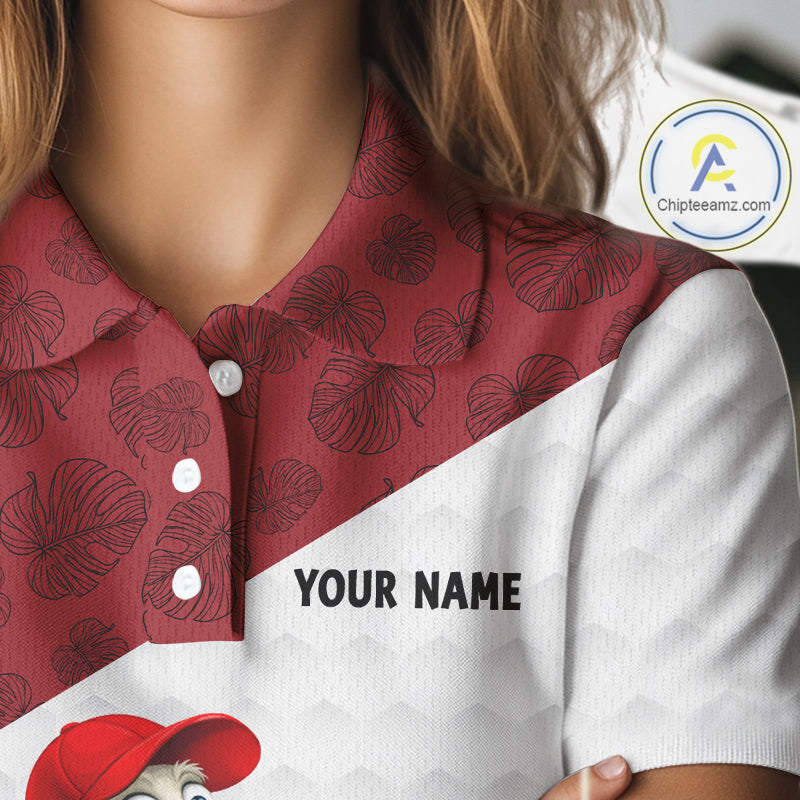 Funny Duck Golfer Womens Golf Polo Shirt Custom Black Grunge Tropical Team Golf Shirts | Red NYN3101