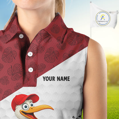 Funny Duck Golfer Womens Golf Sleeveless Polo Shirt Custom Black Grunge Tropical Team Golf Shirts | Red NYN3101