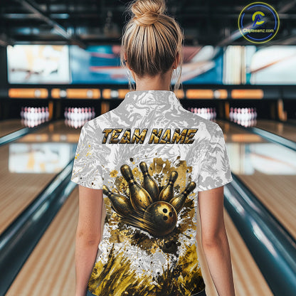 Splatter Black & Gold Bowling Polo & 1/4-Zip Shirt For Women Custom Gray Dragon Bowling Team Jersey NYN3269