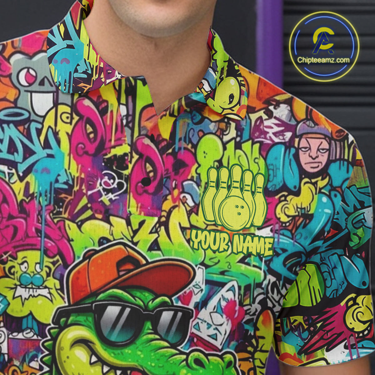 Funny Cool Crocodile Mens Bowling Shirts Custom Green Graffiti Team Bowling Jersey For Bowlers NYN3271