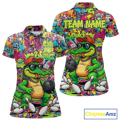 Funny Cool Crocodile Women Bowling Shirts Custom Green Graffiti Team Bowling Jersey For Bowlers NYN3271