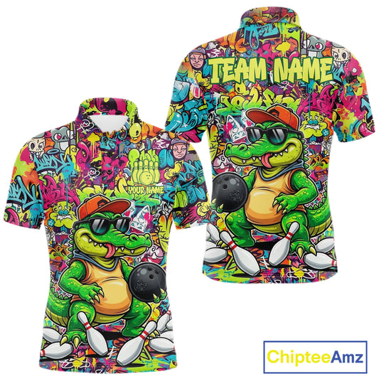 Funny Cool Crocodile Mens Bowling Shirts Custom Green Graffiti Team Bowling Jersey For Bowlers NYN3271