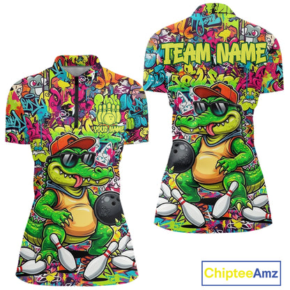 Funny Cool Crocodile Women Bowling Shirts Custom Green Graffiti Team Bowling Jersey For Bowlers NYN3271