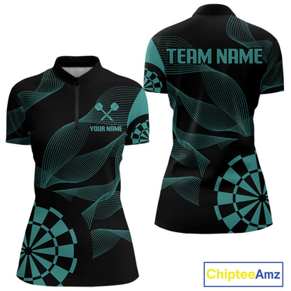 Turquoise Dartboard Waving Lines Darts Shirt For Women - Custom Name & Team Jersey NYN0586