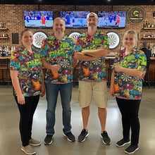 Load image into Gallery viewer, Men women darts team wearing Cool Raccoon custom dart uniforms, funny dart league jerseys
