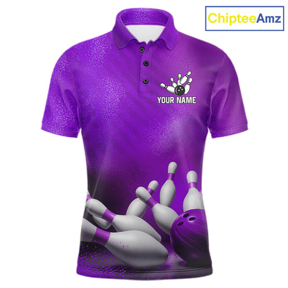 Custom Purple Bowling Polo featuring personalized team graphics, breathable athletic fabric, custom bowling jersey, performance sportswear, championship league apparel.