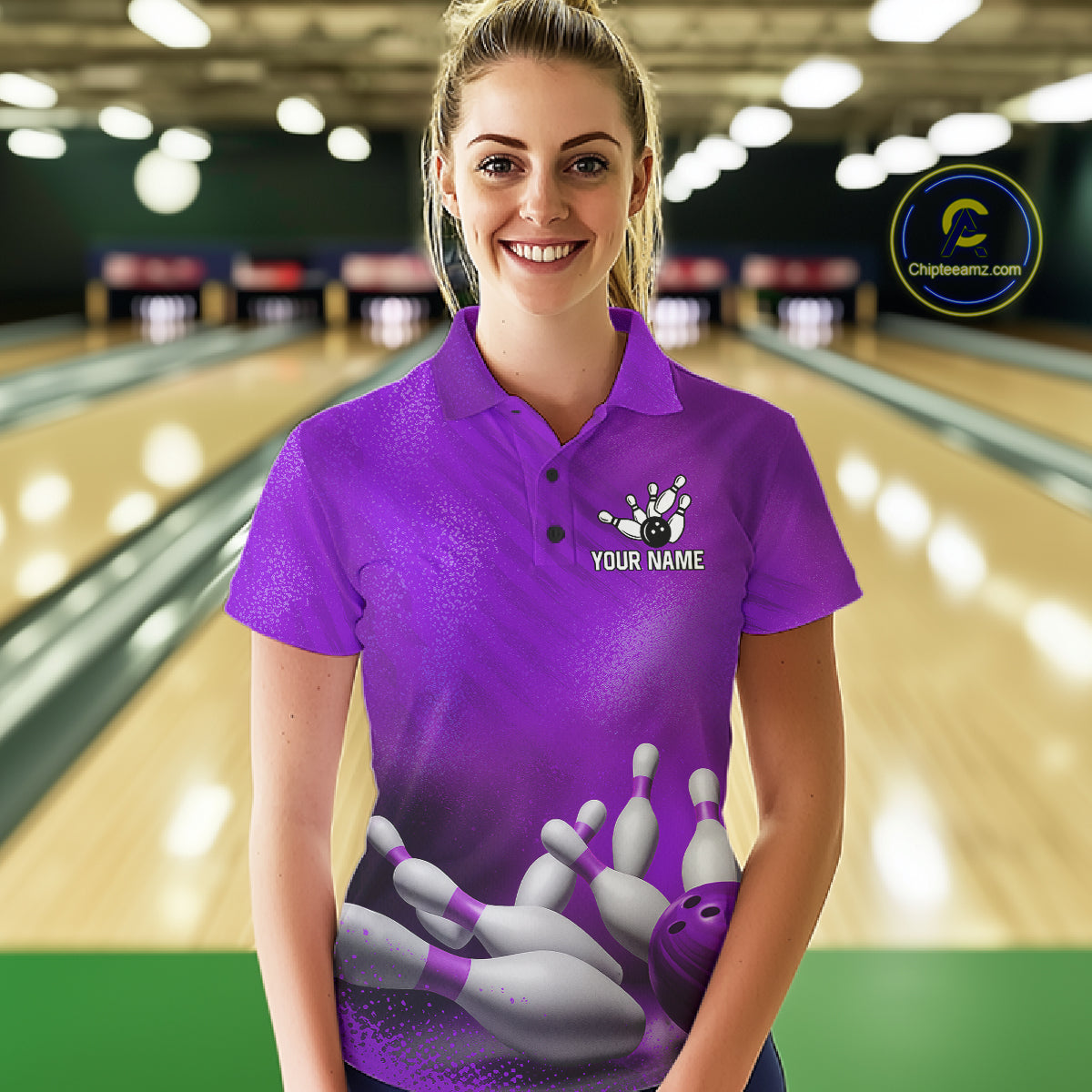 Female bowler modeling Purple bowling jersey symbolizing confidence, creativity, ambition, leadership, personalized athletic bowling apparel.