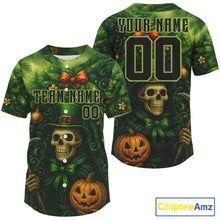 Load image into Gallery viewer, Custom Green Skull Patrick's Day Baseball Shirt For Men Xmas Tree Baseball Jerseys NYN1473