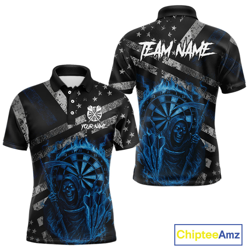Custom Grunge US Flag Blue Smokes Skeleton Dart Men Polo Jerseys Patriotic Dart Shirts NYN1730