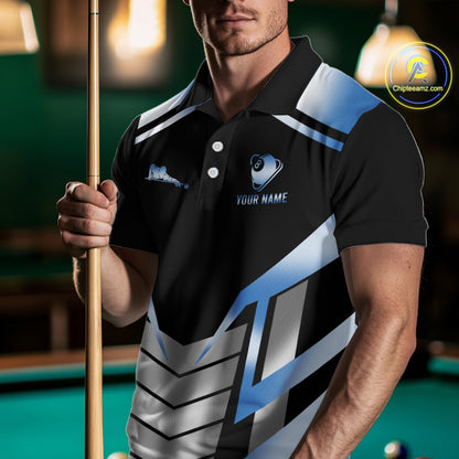 Custom Flame 8 Ball Pool Men Billiard Ball Shirts Gradient Blue & Silver Billiard Pool Jerseys NYN2895