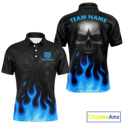 Blue Flaming Dartboard Grey Skull Darts Shirt For Men - Custom Name & Team Jersey NYN0597