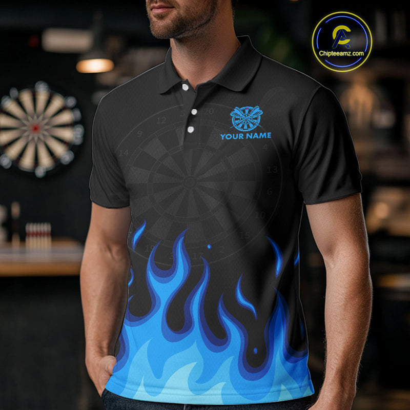 Blue Flaming Dartboard Grey Skull Darts Shirt For Men - Custom Name & Team Jersey NYN0597