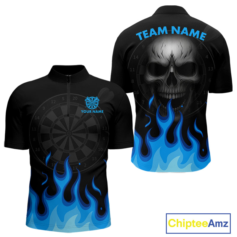 Blue Flaming Dartboard Grey Skull Darts Shirt For Men - Custom Name & Team Jersey NYN0597