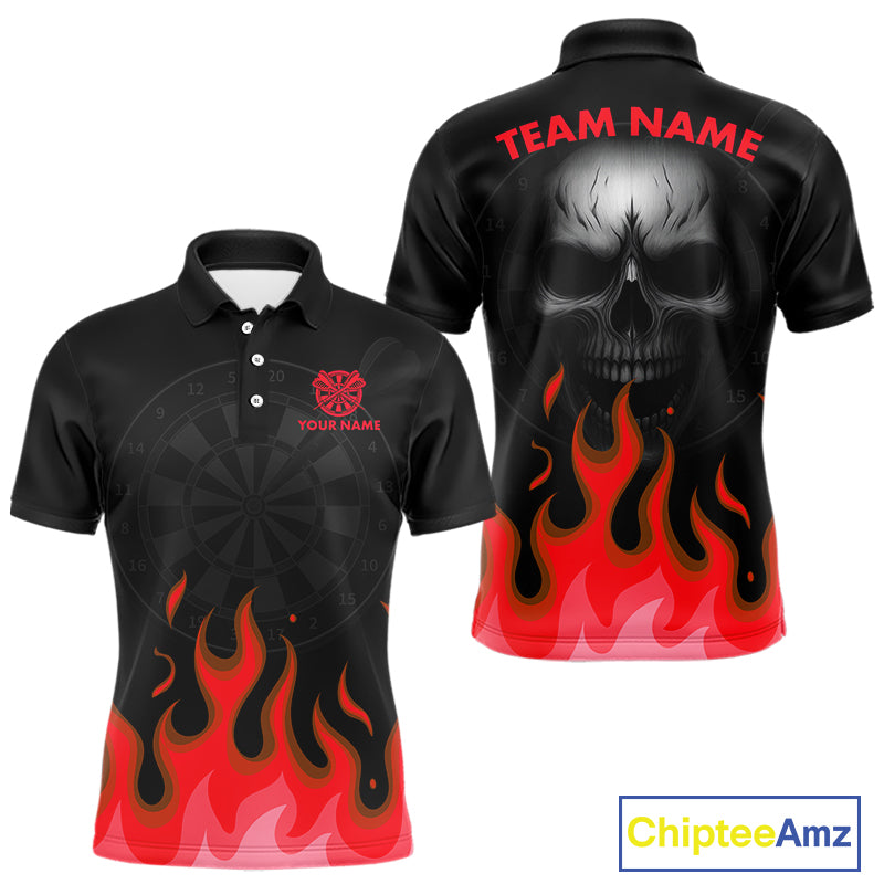 Maroon Flaming Dartboard Grey Skull Darts Shirt For Men - Custom Name & Team Jersey NYN0598