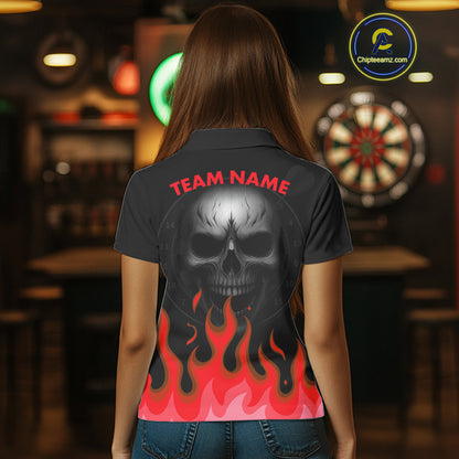 Maroon Flaming Dartboard Grey Skull Darts Shirt For Women - Custom Name & Team Jersey NYN0598