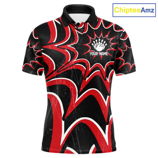 Funny Rabbit men's bowling polo shirt, personalized bowling team jersey, black red bowling apparel, bowling gift for men