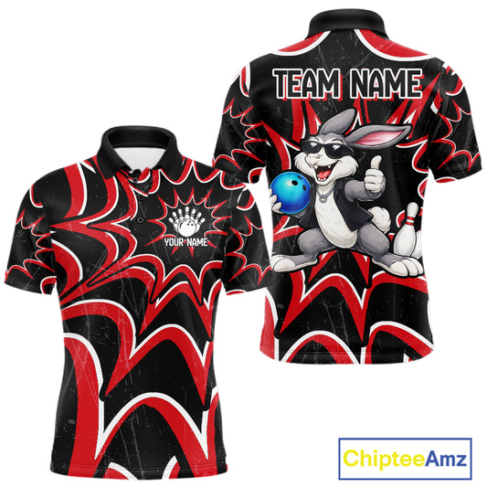 Funny Rabbit men's bowling polo shirt, personalized bowling team jersey, black red bowling apparel, bowling gift for men