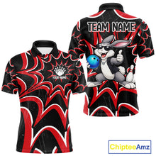Load image into Gallery viewer, Funny Rabbit men's bowling polo shirt, personalized bowling team jersey, black red bowling apparel, bowling gift for men