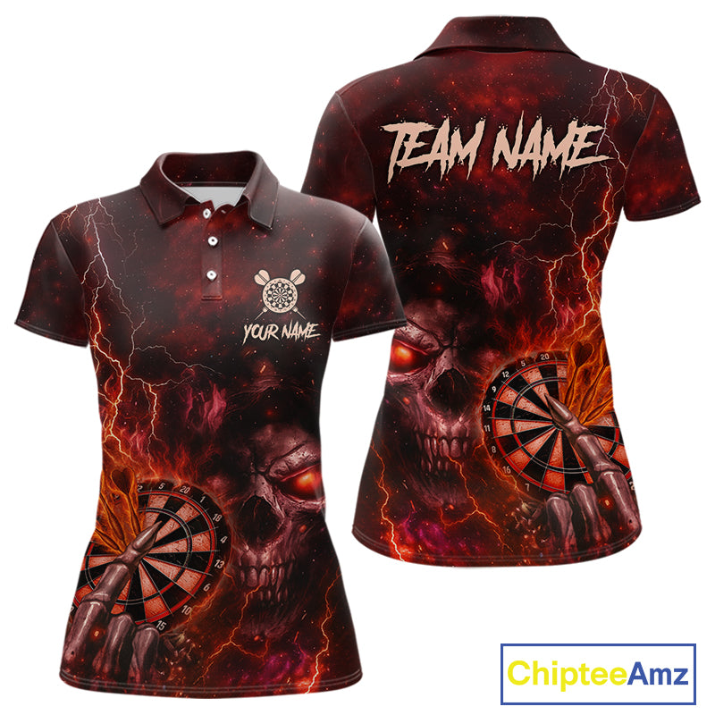 Custom Lightning Red Grim Reaper Flaming Dart Polo Shirt For Women Dart Tournament Jersey NYN1480